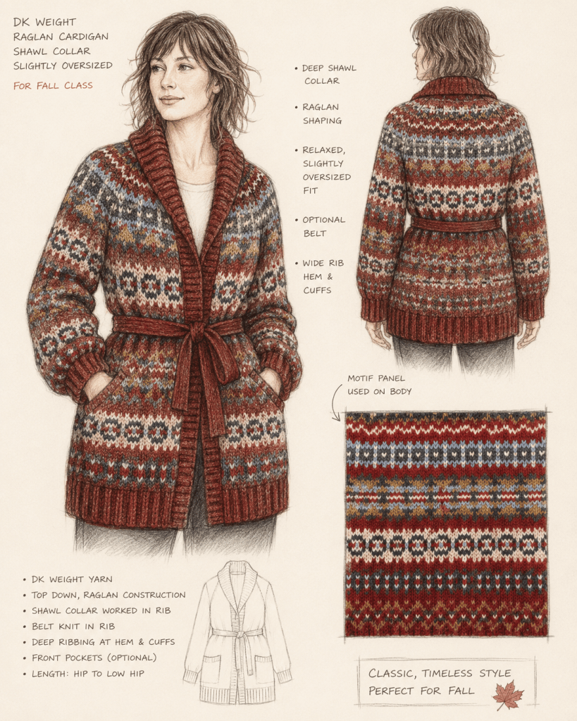 Sketch of long red fair-isle cardigan
