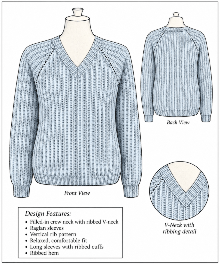 simpler sweater in blue ribbing with raglan sleeve shaping