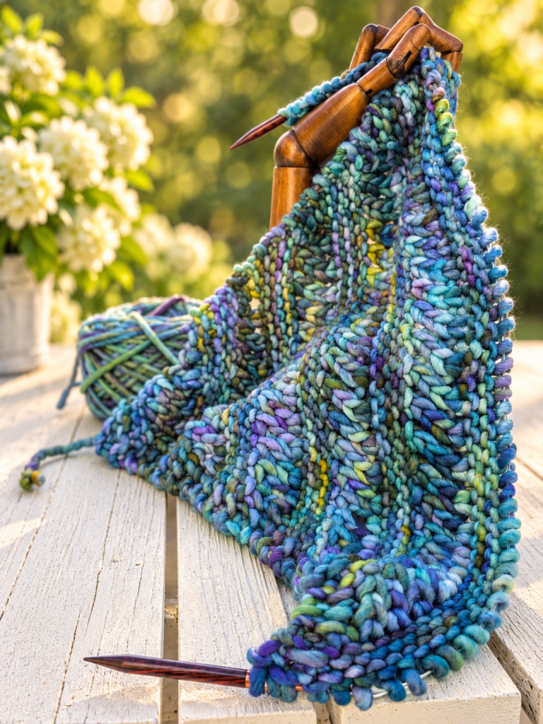 rasta knitting in progress, beautiful blue greens called indecita