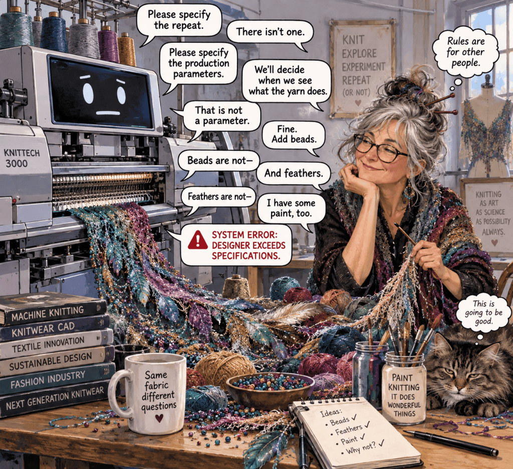 ai generated cartoon, knitting maching versus designer