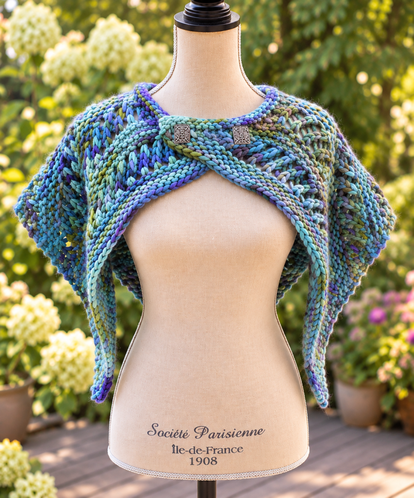 playing hooky - front view - manequin with heavy blue/green capelet - closed by 2 buttons